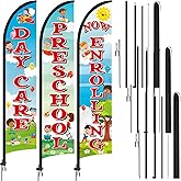 CroBlissful 3 Pack Now Enrolling Preschool Daycare Feather Flag 12ft x 2.5ft Swooper Flag Weatherproof Polyester Now Open Banner for Schools Daycare Business Advertising