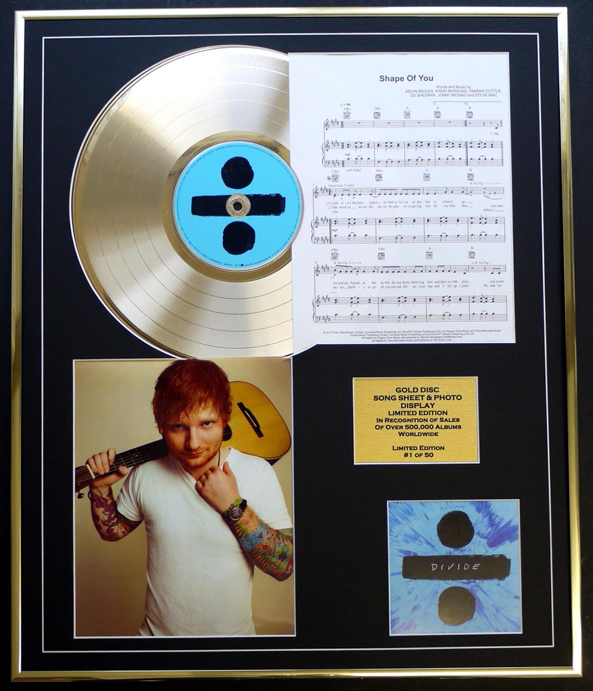 ED SHEERAN/CD GOLD DISC, SONG SHEET & PHOTO DISPLAY/LTD. EDITION/COA/ALBUM DIVIDE/SONG SHEET SHAPE OF YOU