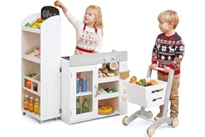 Costzon Kids Grocery Store Playset, Convertible Wooden Play Store with Shopping Cart, Scanner, Chalkboard & Checkout Belt, To