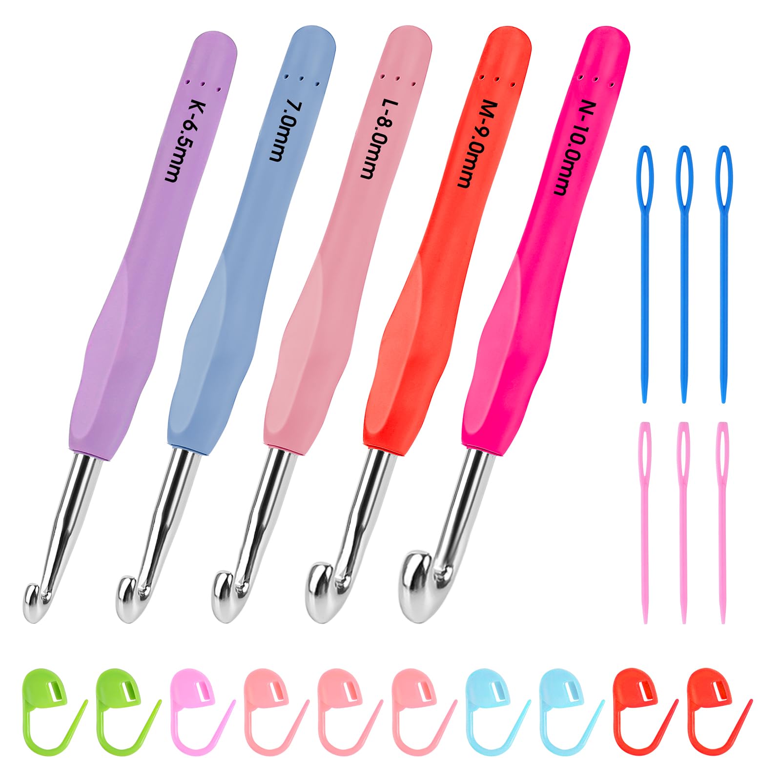 Crochet Hook Set, Size 6.5mm 7mm 8mm 9mm 10mm Ergonomic Aluminum Large Crochet Hooks Kit with Soft Handles Include Crochet Needles and Stitch Markers for Arthritic Hands Beginners Knitting Supplies