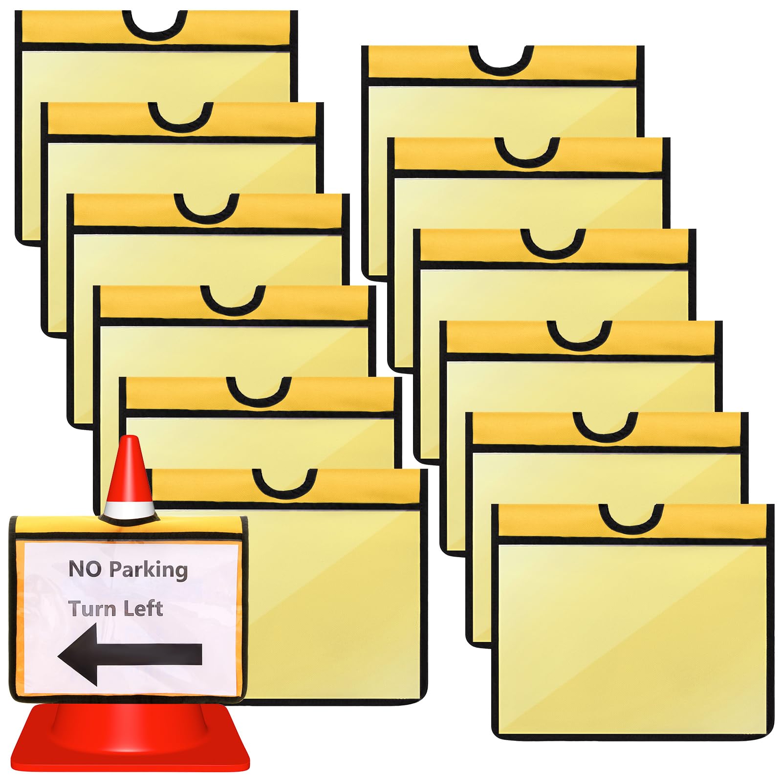 Photo 1 of Set of 12 Traffic Cone Sleeve for Caution Traffic Cone Covers with Pockets Safety Message Sign Sleeve for Outdoor Signals Sports Activity Warning Sign Training (Yellow)