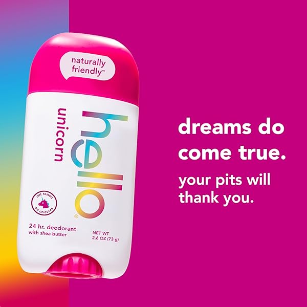 HELLO UNICORN DEODORANT, 24 HOUR ODOR PROTECTION, NO ALUMINUM + NO BAKING SODA, VEGAN & PARABENS FREE, 2.6 OZ