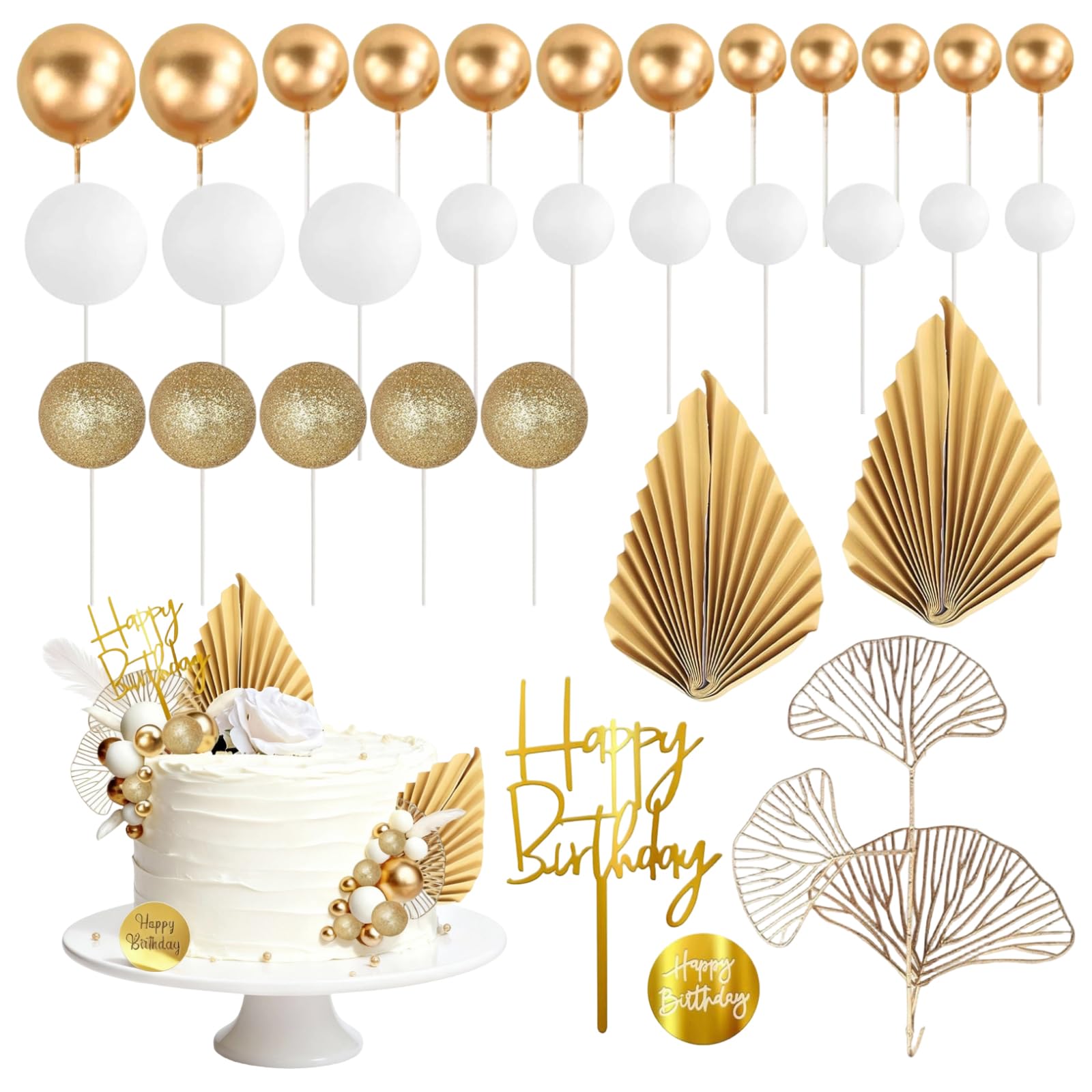 Ball Cake Toppers, 30 Pcs Boho Happy Birthday Cake Toppers, DIY Insert Topper Insert Decoration for Birthday Boho Wedding Baby Shower Party Supplies