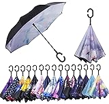 AmaGo Inverted Umbrella – Reverse Double Layer Long Umbrella, C-Shape Handle & Self-Stand to Spare Hands,Carrying Bag for Easy Traveling (Flowers&Bubbles)