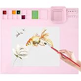Aubeco Silicone Craft Mat with Cleaning Cup and Paint Holder, 19.9"x16.9" Art Mat, Nonslip Silicone mat for Painting, Table, Resin and Play, Pink