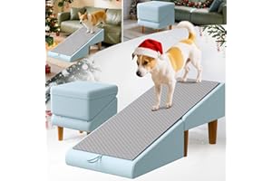 GENXQIAN Foldable Dog Ramp & Footstool, 17" Solid Wood Pet Ramp, Removable Non-Slip Mat & Seat Cushion, Split Ottoman Design, Dog Ramps for Small Dogs and Cats