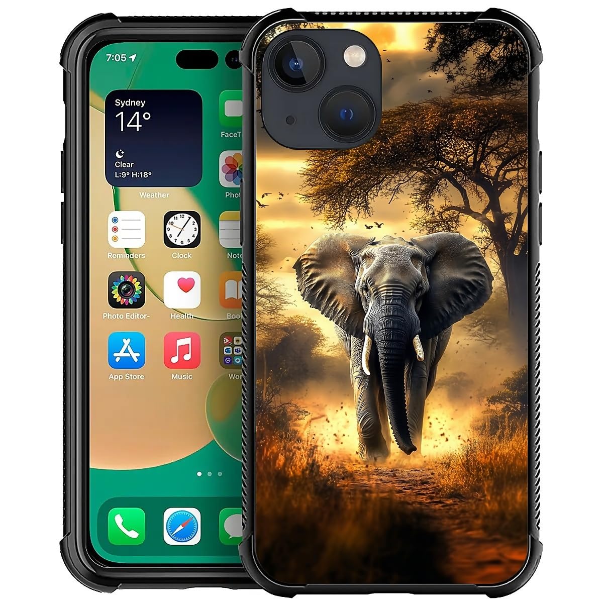 OKBUOK Compatible with iPhone 13 Case,A Orange African Elephant Design Case for Men Girls Soft TPU Bumper Hard PC Back Anti-Fall Shockproof Protective Slim Pattern Cover
