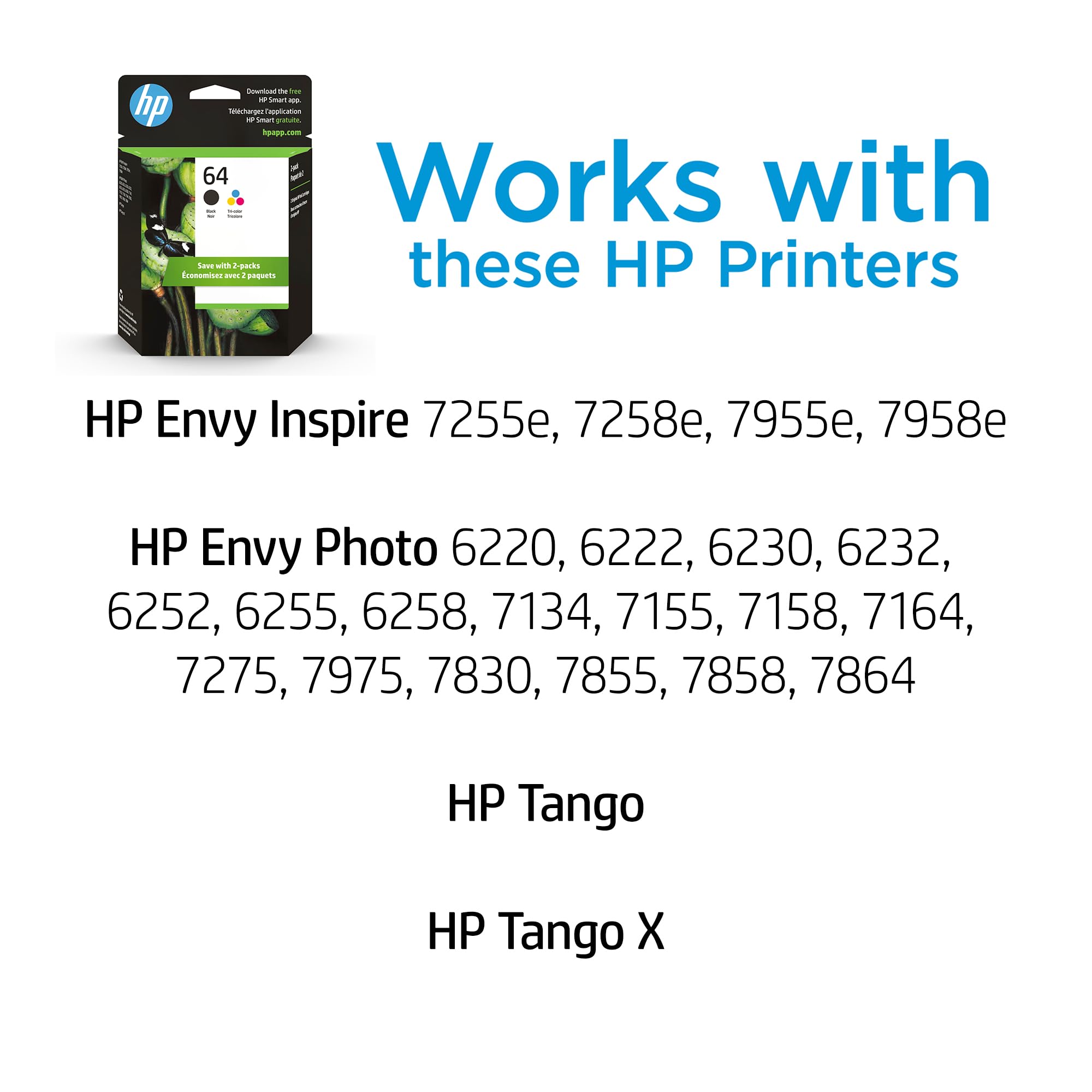 HP 64 Black & Tri-Color Ink Cartridges Printers (Combo Pack) | Works with Printer Series: Inspire 7950e; Envy Photo 6200, 7100, 7800; Tango | Eligible for Instant Ink | X4D92AN
