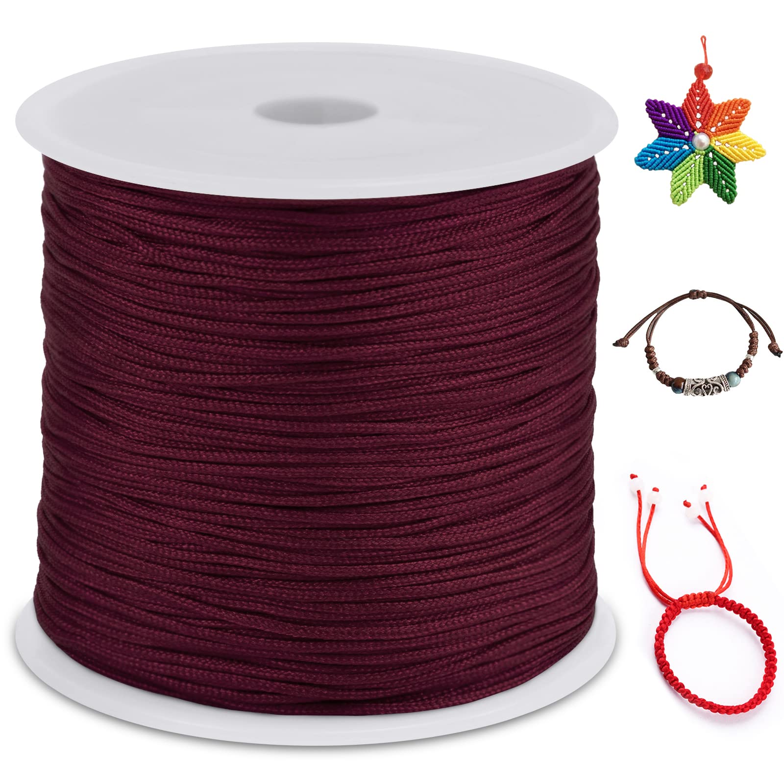 LEREATI Nylon Cord 0.8mm x 100m, Satin Cord Nylon String, Coloured Beading Thread for Making Bracelet, Necklace, Chinese Knot, Jewellery (Wine Red)