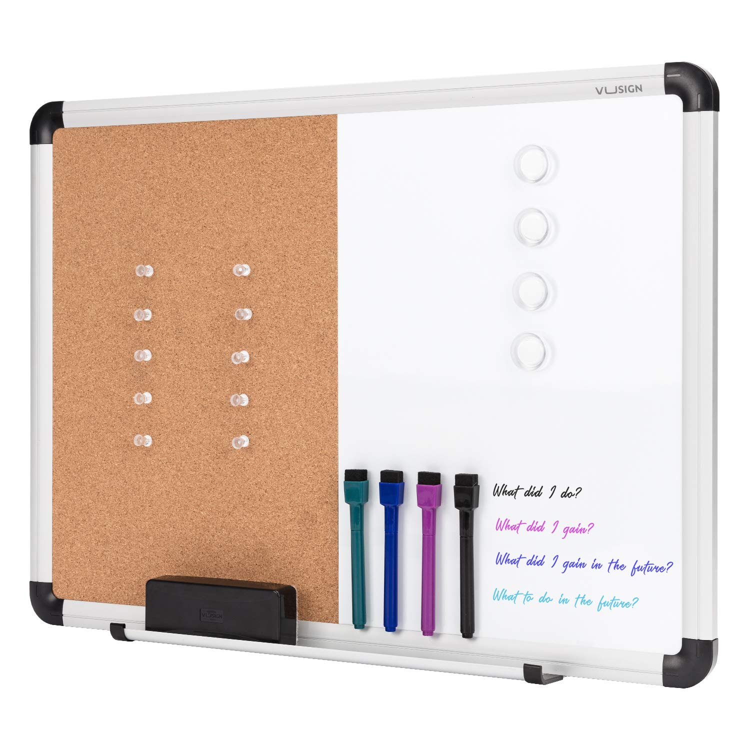 VUSIGN White Board and Cork Board Combination, 17" x 23" Dry Erase Board and Corkboard Combo for Home or Office, Wall Mounted Notice Bulletin Board with Aluminum Frame