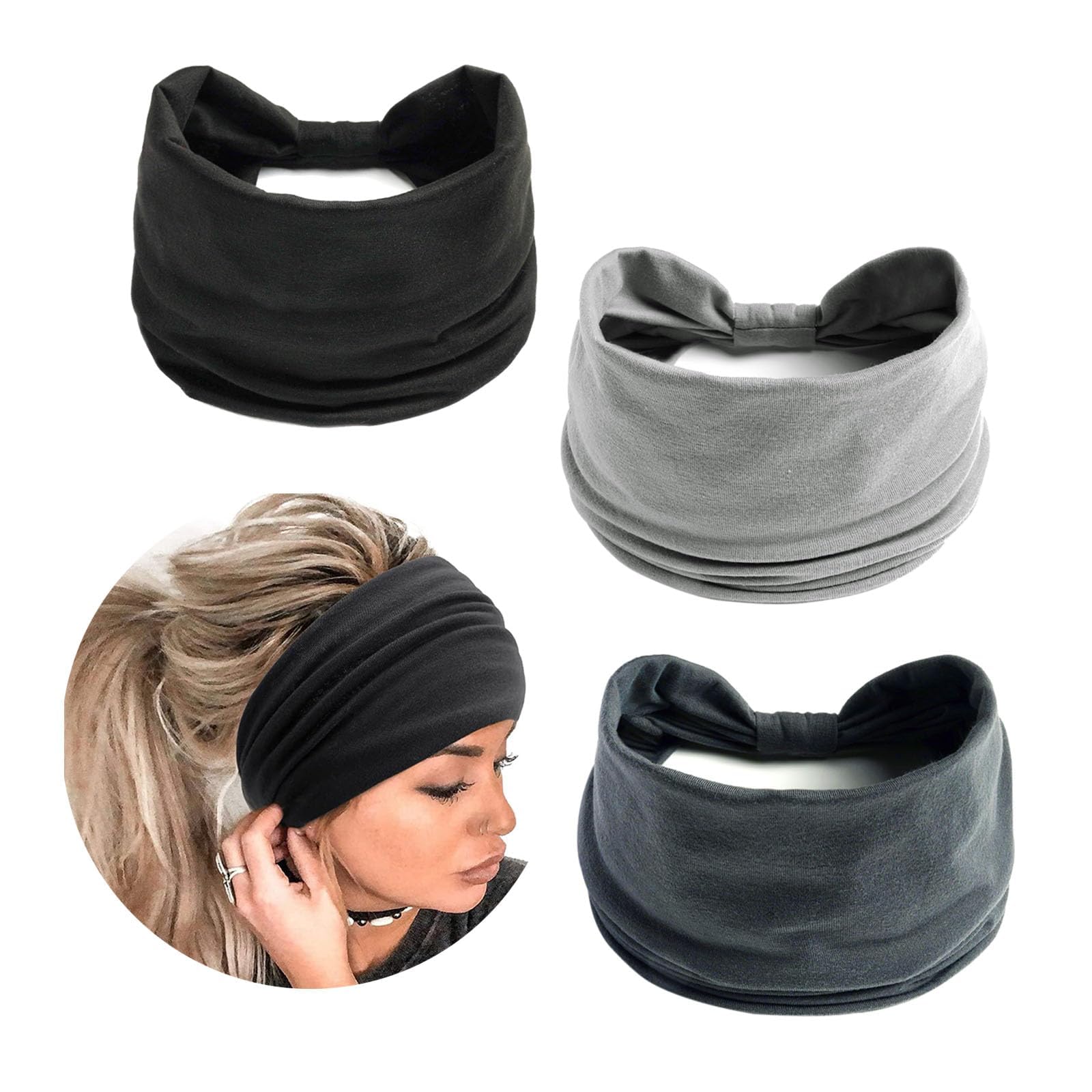 3pcs Headbands for Women's Hair, Wide Hair Bands for Women Elastic Knotted Running Head Bands, Black Headband Womens Headbands Soft Hairbands, Hair Accessories Yoga Sport