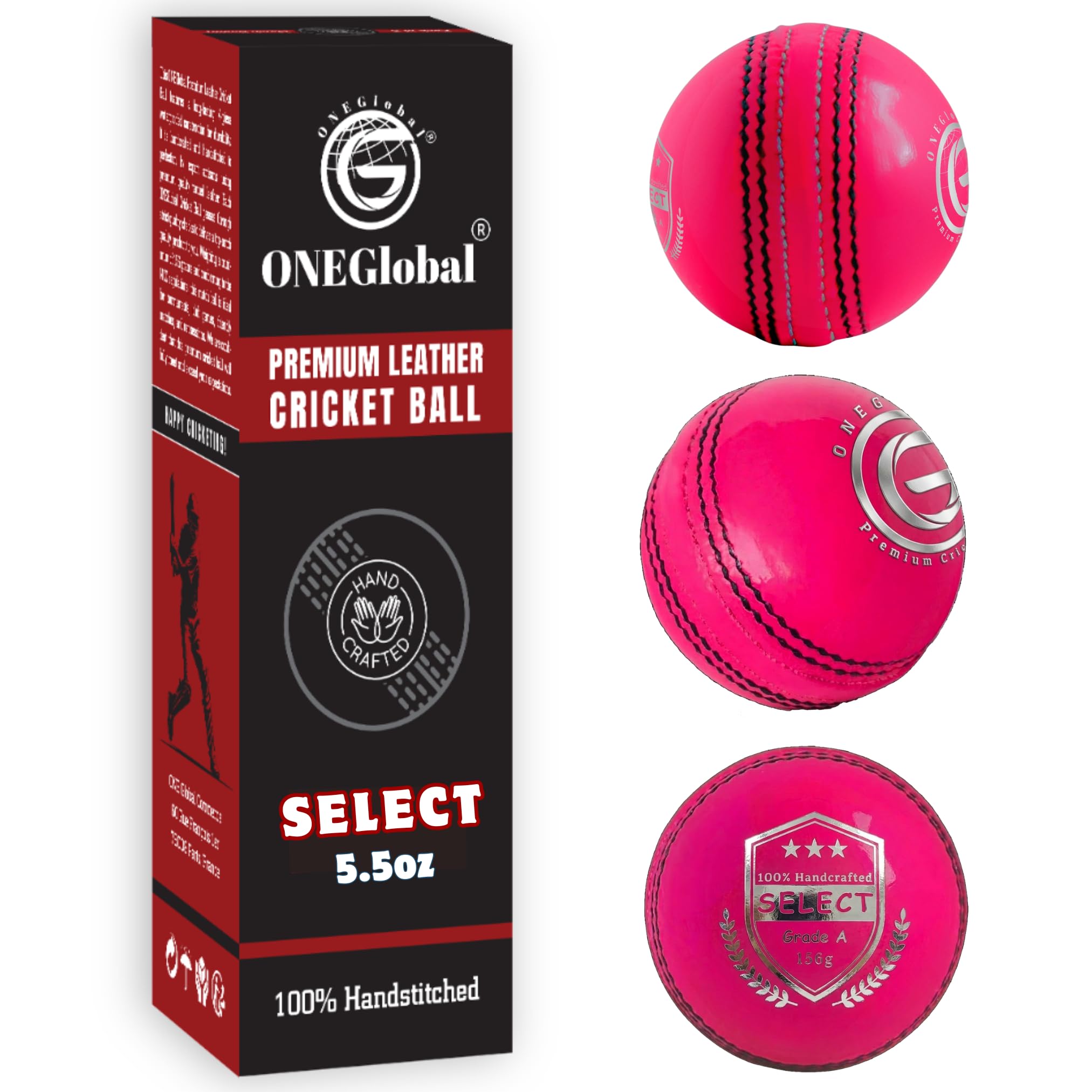 ONEGlobal Select Leather Cricket Ball for Match, Practice & Training | Senior 5.5oz & Junior 4.75oz Genuine Leather Hard Cricket Balls in Red, White, Pink or Red&White (3-PINK, Senior)