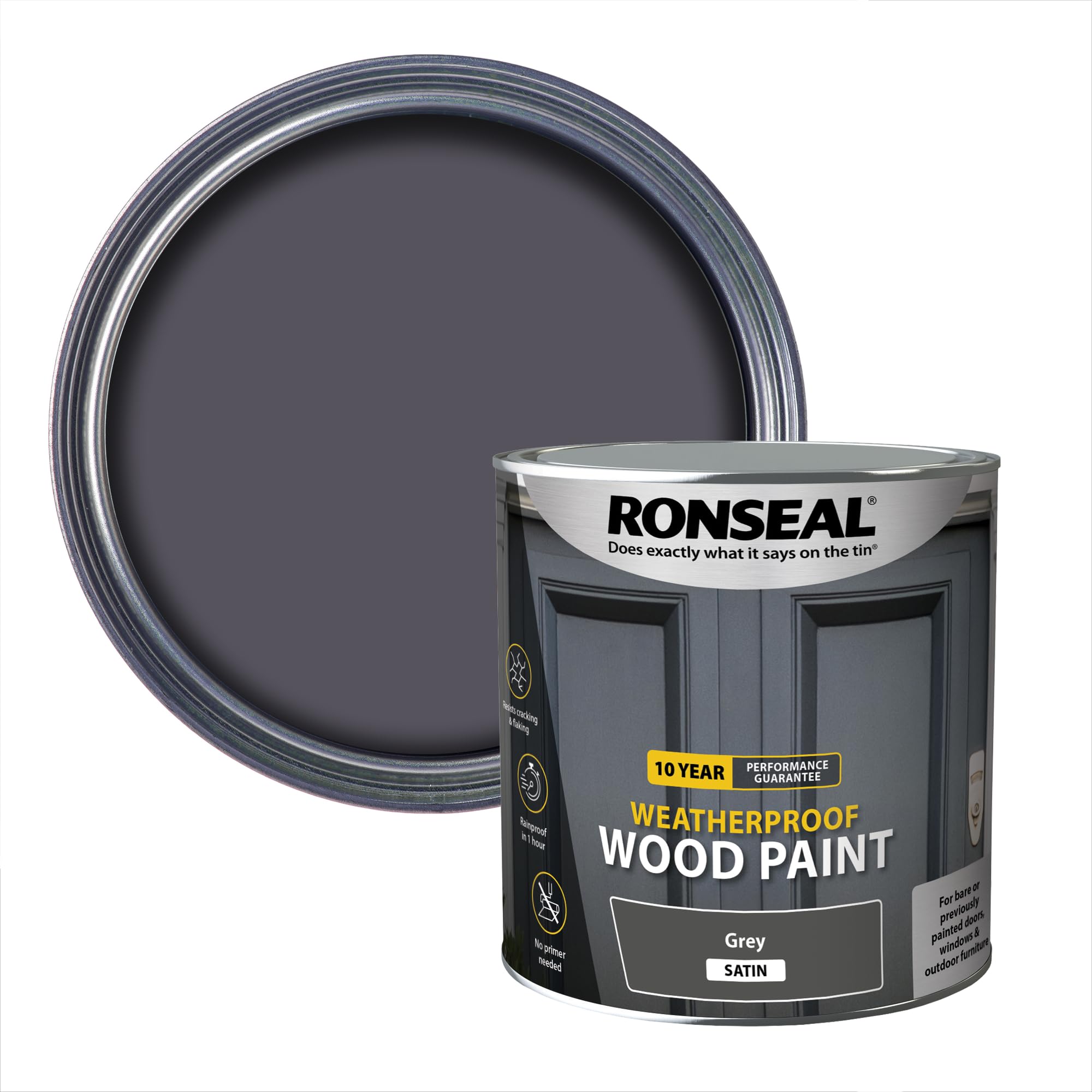 RONSEAL 10 Year Weatherproof 2 in 1 Wood Paint Grey Satin 2.5 Litre