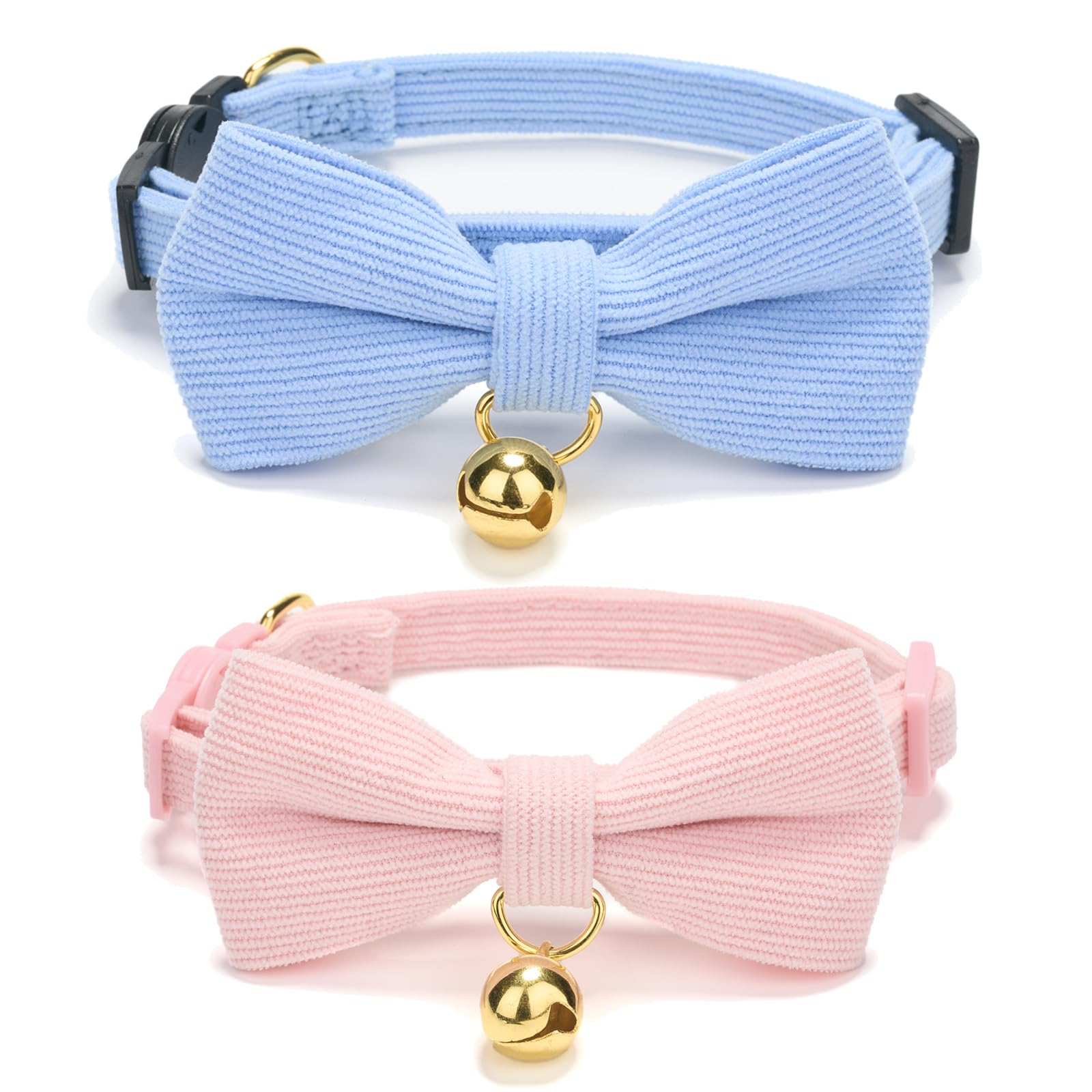 YUDOTE Ultra-soft Collar Natural Cotton Corduroy Made for Cats with Sensitive Skin, Safety Kitten Collars with Quick-release Buckle and Removeable Bow-tie, Blue,Light Pink,Pack of 2