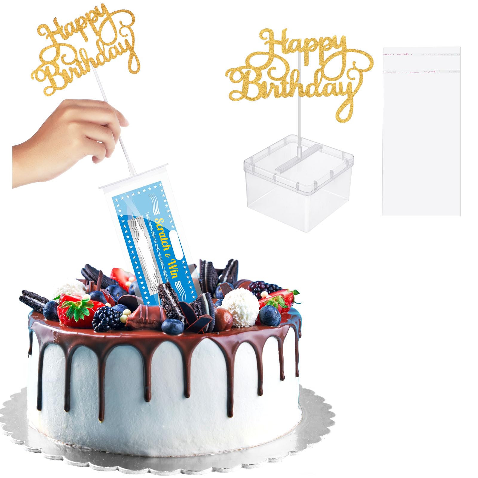 Photo 1 of 2 Set Money Cake Pull out Kit Include 2 Pulling Money Box 2 Plastic Roll 40 Transparent Bag Connected Pocket and 2 Happy Birthday Cupcake Topper for Graduation Wedding Party Decorations