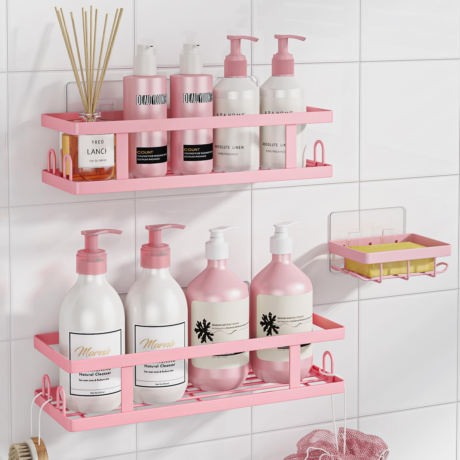 Photo 1 of Youvip Adhesive Shower Caddy,Shower Shelves with Soap Holder and 12 Hooks,Rustproof No Drilling Bathroom Organizer and Storage,Pink,3 Pack