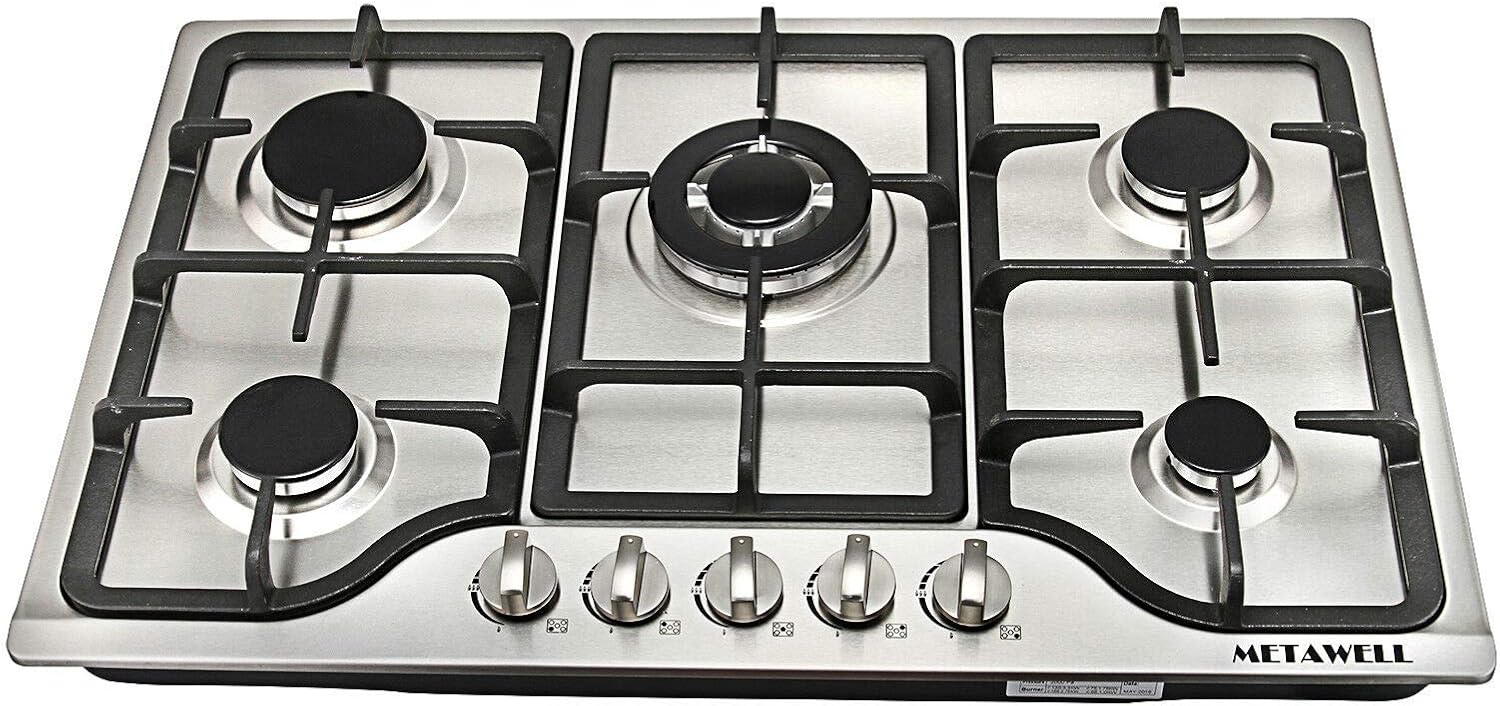 METAWELL HS5704 30” Stainless Steel 5-Burner Gas Cooktop with Regulator valve, Built-in LPG/NG Gas Cooktop Hob Cooker COOK TOPS,Iron Burner Kitchen Gas Cooking, 30 Inch, Silver