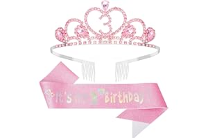 CIEHER 3rd Birthday Decorations for Girls - 3rd Birthday Crown and Sash with Pearl Pin Set - Pink