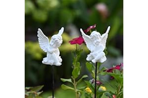 OwMell Set of 2 Decorative Garden Stakes - Small Angel & Cherub Angel Ornaments, Memorial Statue & Flower Pot Decorations