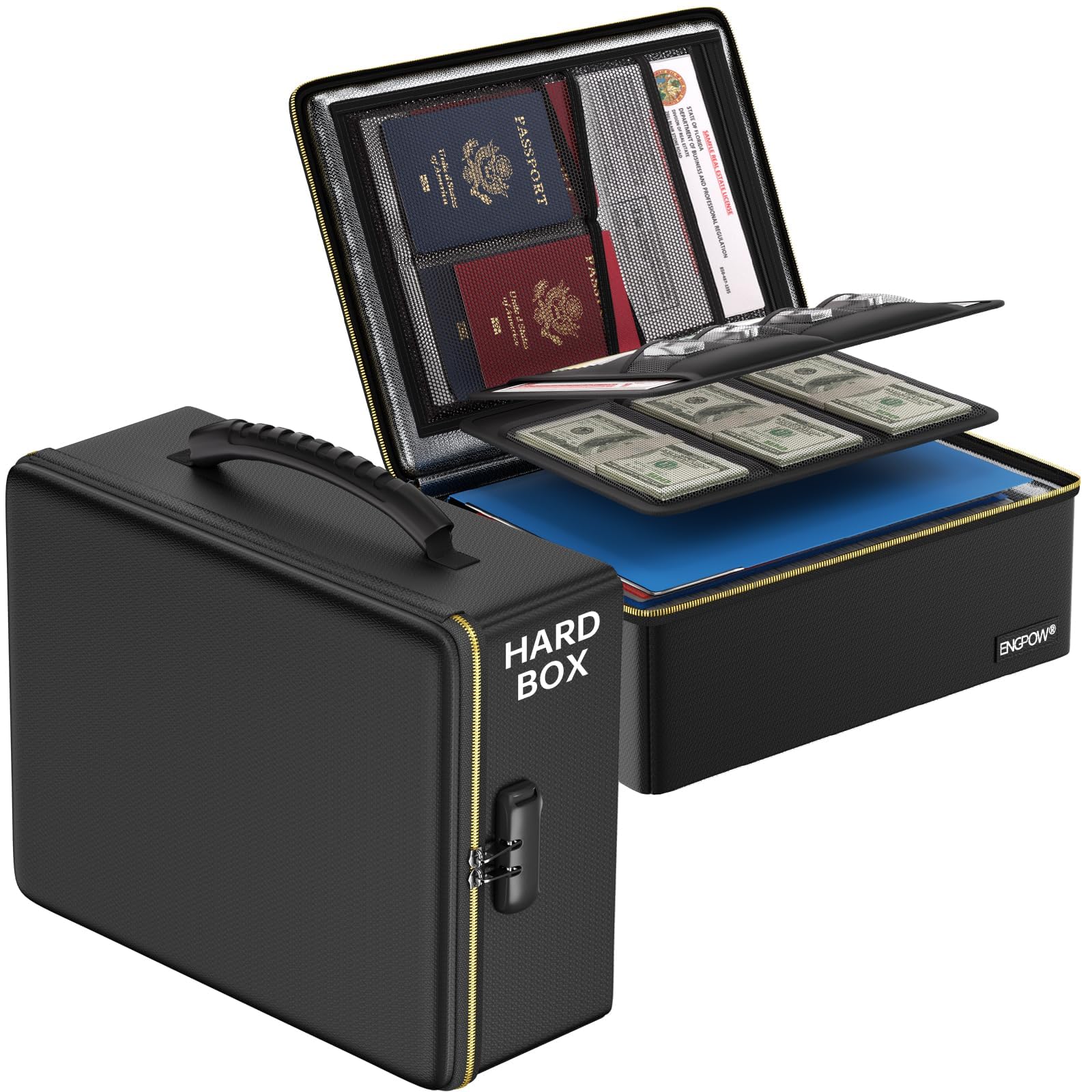 ENGPOW Fireproof Document Box,Hard Storage Case with Fireproof Zipper＆Lock,Water Resistant and Fire Resistant Bag,Multi-Layer File Organiser,Home,Office A4 Paperwork Organiser for Important Documents