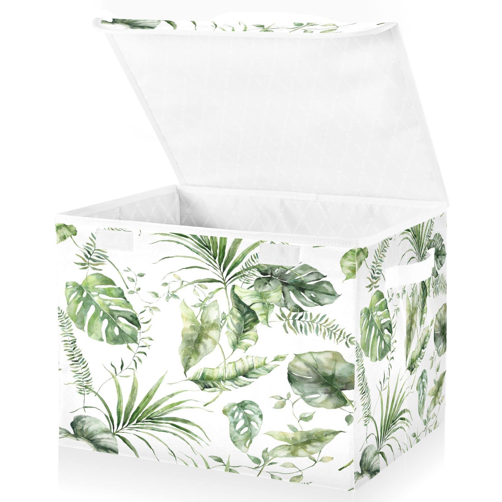 Mnsruu Storage Boxes with Lids, Banana Palm Green Leaf Morandi Large Storage Basket Organizer Shelves Cube Bin Toy Clothes Underbed