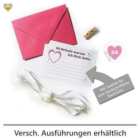 Cute Head Diy Adventskalender Set 24 Gründe Warum Ich Dich Liebe Herz 24 Karten 24 Umschläge 24 Mini Wäscheklammern 24 Aufkleber Mit Zahlen