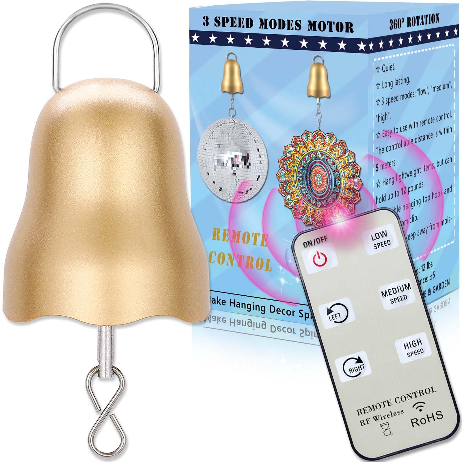 SuLiao Wind Spinner Battery Powered, Slow Disco Ball Motor w/ Remote Control, 3 Rotating Speed Modes - Gold Small Baby Crib Mobile Spinning Ornament Hanging Wind Chime — image 1