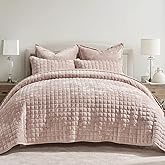 RECYCO Luxury Velvet Quilt Set Full Queen Size Bedding Sets, Ultra Soft Velvet Comforter Set, Lightweight Channel Box Stitch Oversized Bedspread Coverlet for All Season, with 2 Shams, Rose Pink