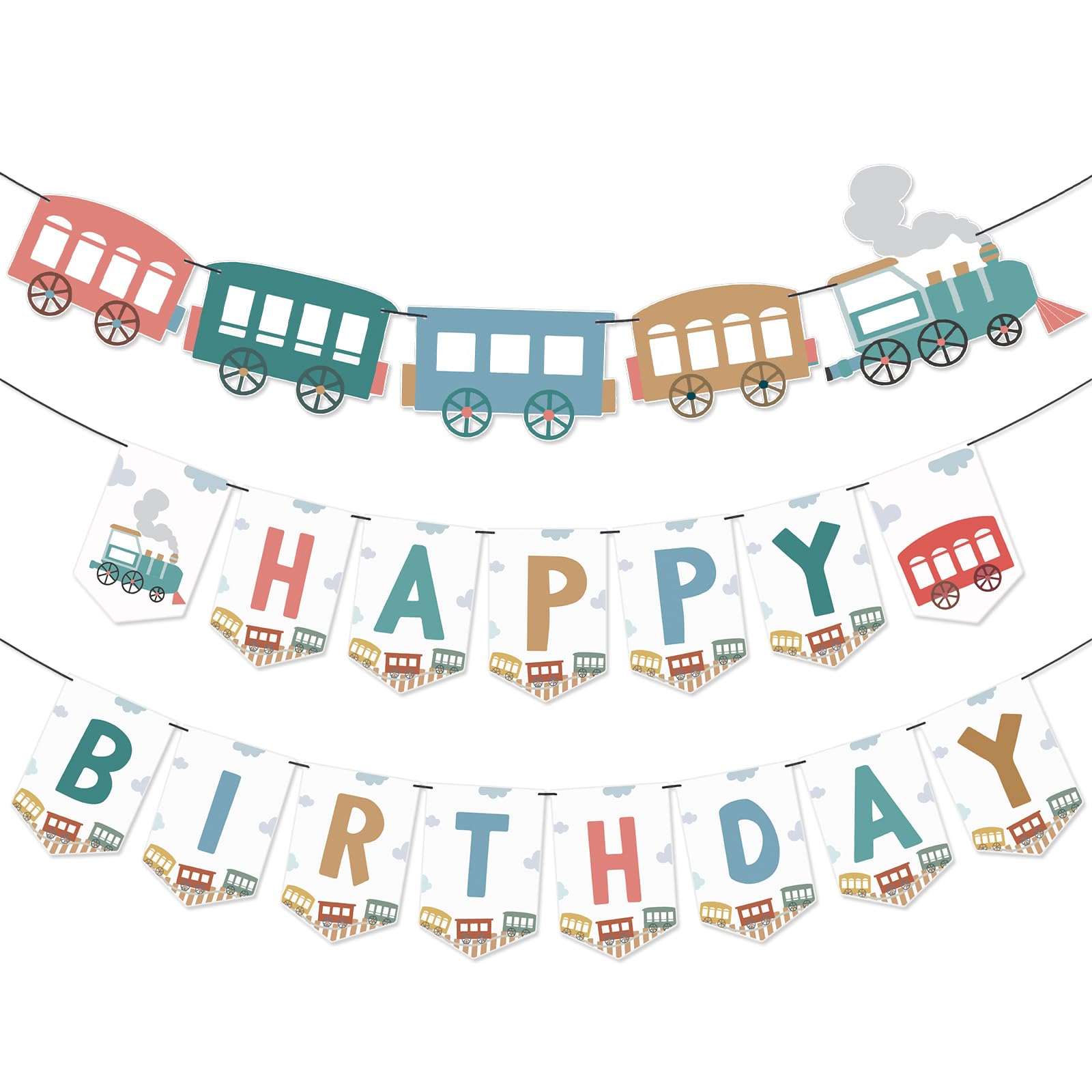 Photo 1 of AmazingSpark 2 Pack 6 Feet Train Birthday Party Banner Decorations Retro Train Happy Birthday Garlands for Railroad Steam Vintage Party Supplies