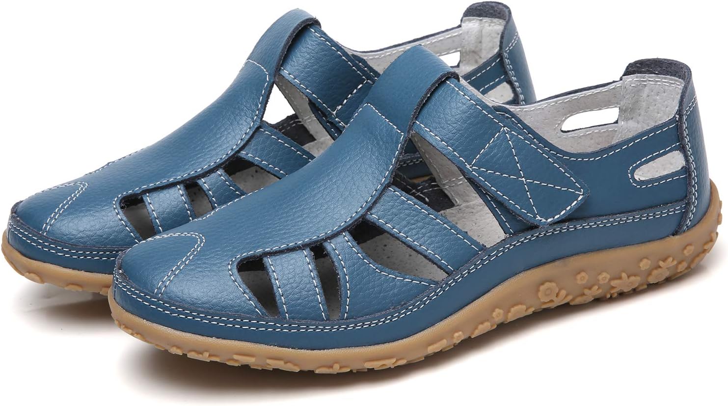 YOOEEN Ladies Soft Leather Sandals Comfortable Flat Shoes Non-Slip Hollow Closed Toe Summer Sandals