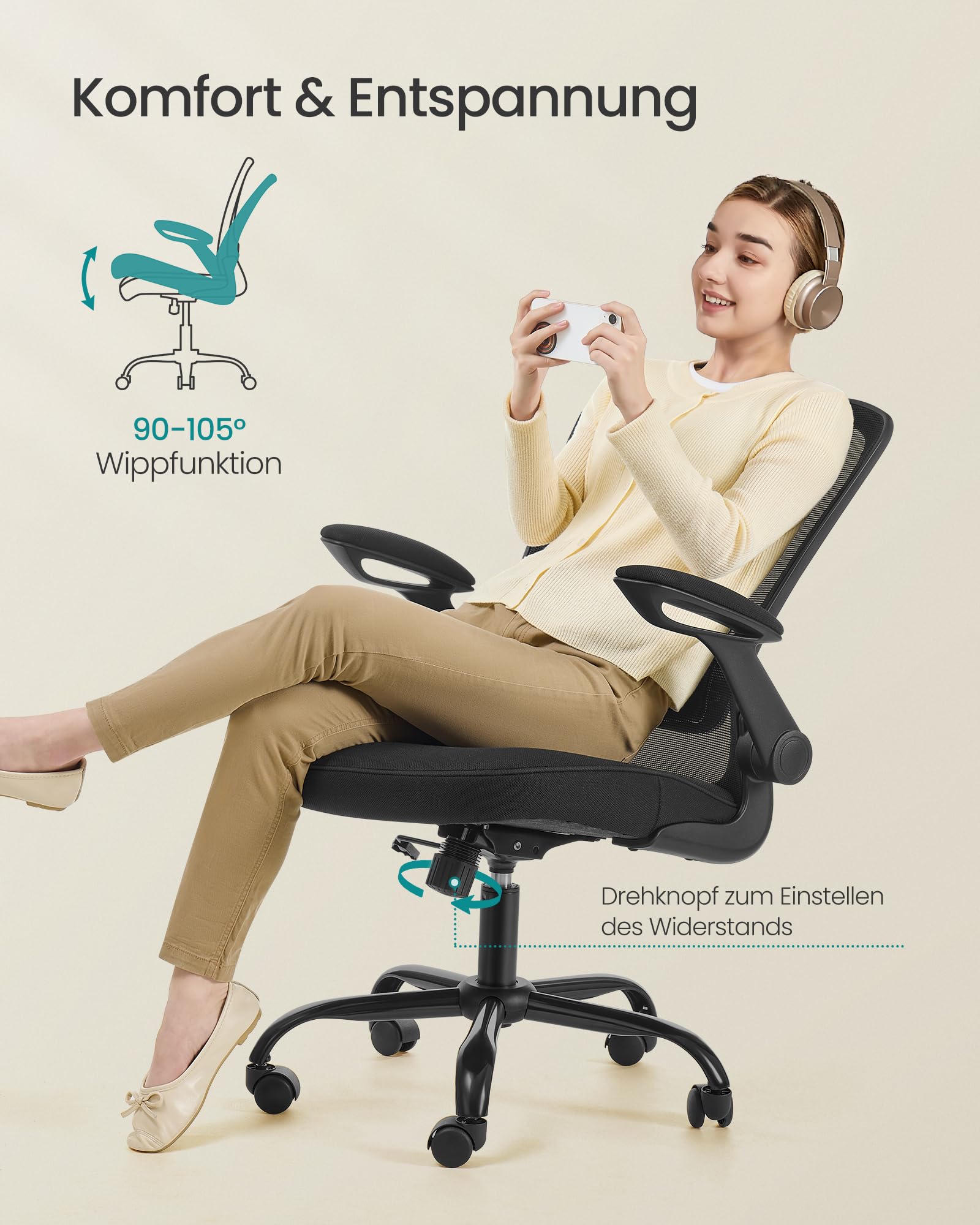 SONGMICS Bürostuhl ergonomisch, Drehstuhl mit Mesh, Lenden- und Kopfstütze, Wippfunktion, 53 cm große Sitzfläche, klappbare Armlehnen, Arbeits- und Schlafzimmer, Studenten, schwarz OBN37BK 6
