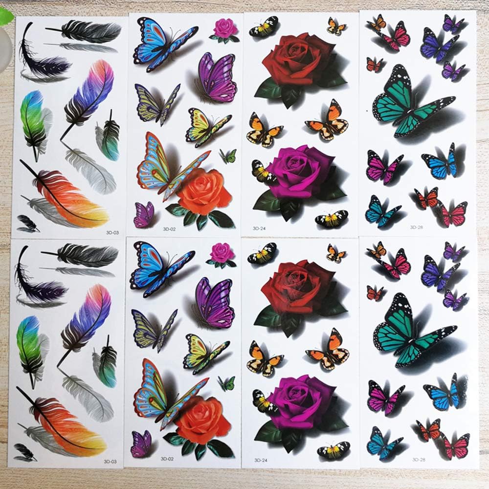 Yesallwas Temporary Feather Butterflies Tattoos for women 4 Pcs Feather Butterflies Tattoo Sticker Fake Flowers Tattoos for kids girls teens,waterproof and Long Lasting body tattoos - Image 4