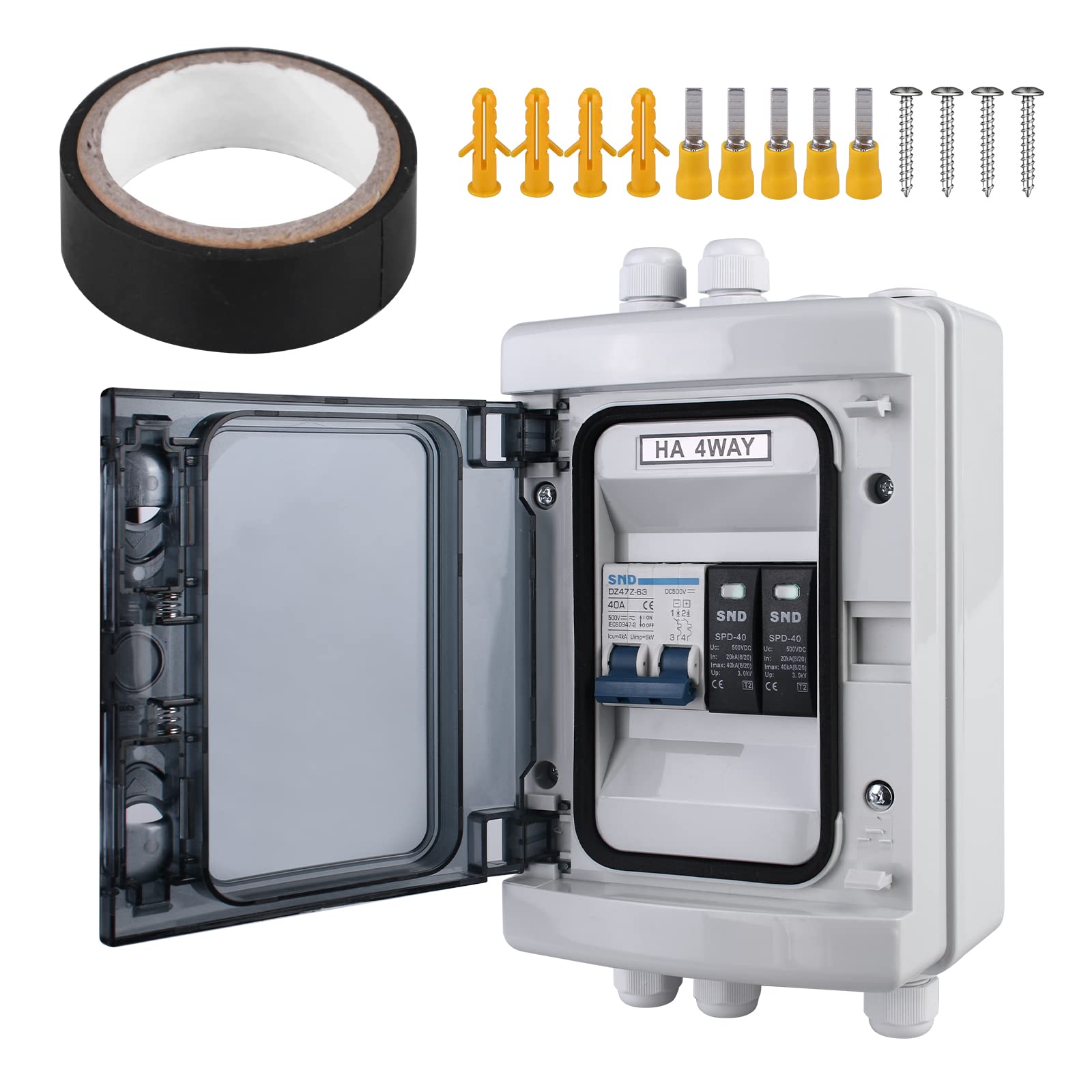Circuit Breaker Isolator Switch PV Solar Surge Protection 500V DC Isolator Switch Lightning Protection with Photovoltaic IP65 Waterproof Housing Distribution Box Distribution Box (2-Pin 40A 20-40KA)