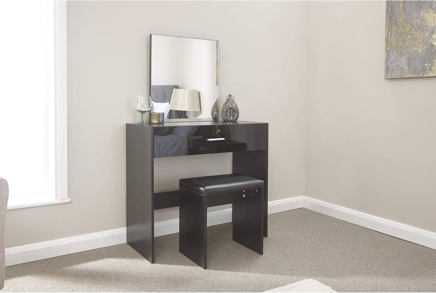 Home Source Black High Gloss Dressing Table Set with Mirror and Stool