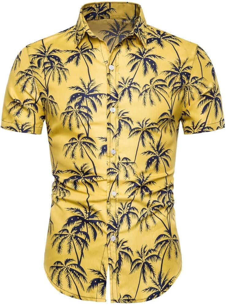 Toimothcn Cotton Linen Shirts, Men's Hawaiian Aloha Shirt Short Sleeve Tropical Floral Print Button Down Shirt (Yellow,XXL)