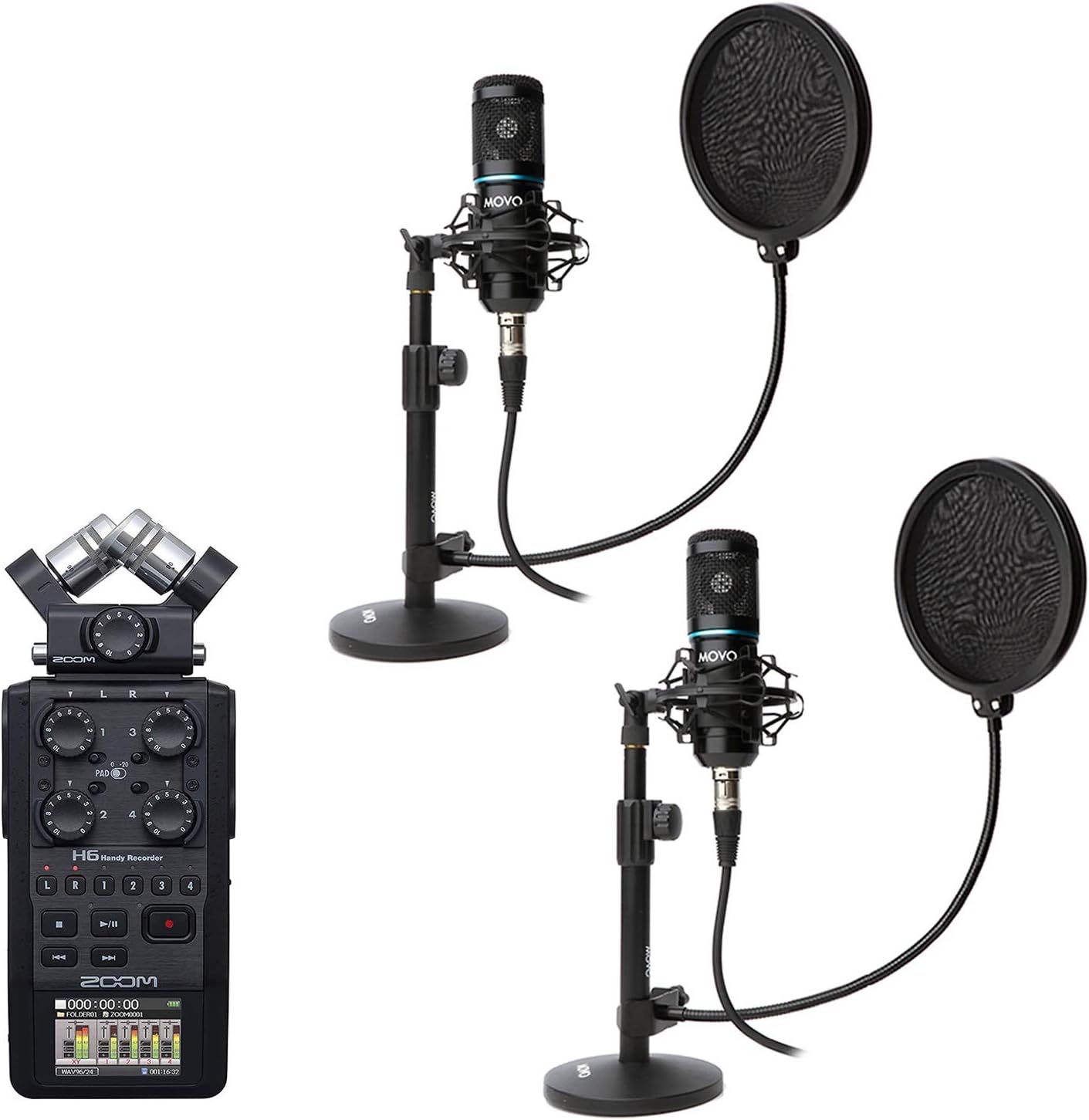 Zoom H6 AB 6Track XLR Digital Recorder Condenser Microphone Kit includes 2 Movo