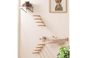Cat Wall Shelves Set of 4, with 1 Floating Fabric Hammock, 2 Ladders with 4 Steps Each & 1 Flat Shelf – Wall Mounted Bed Furn
