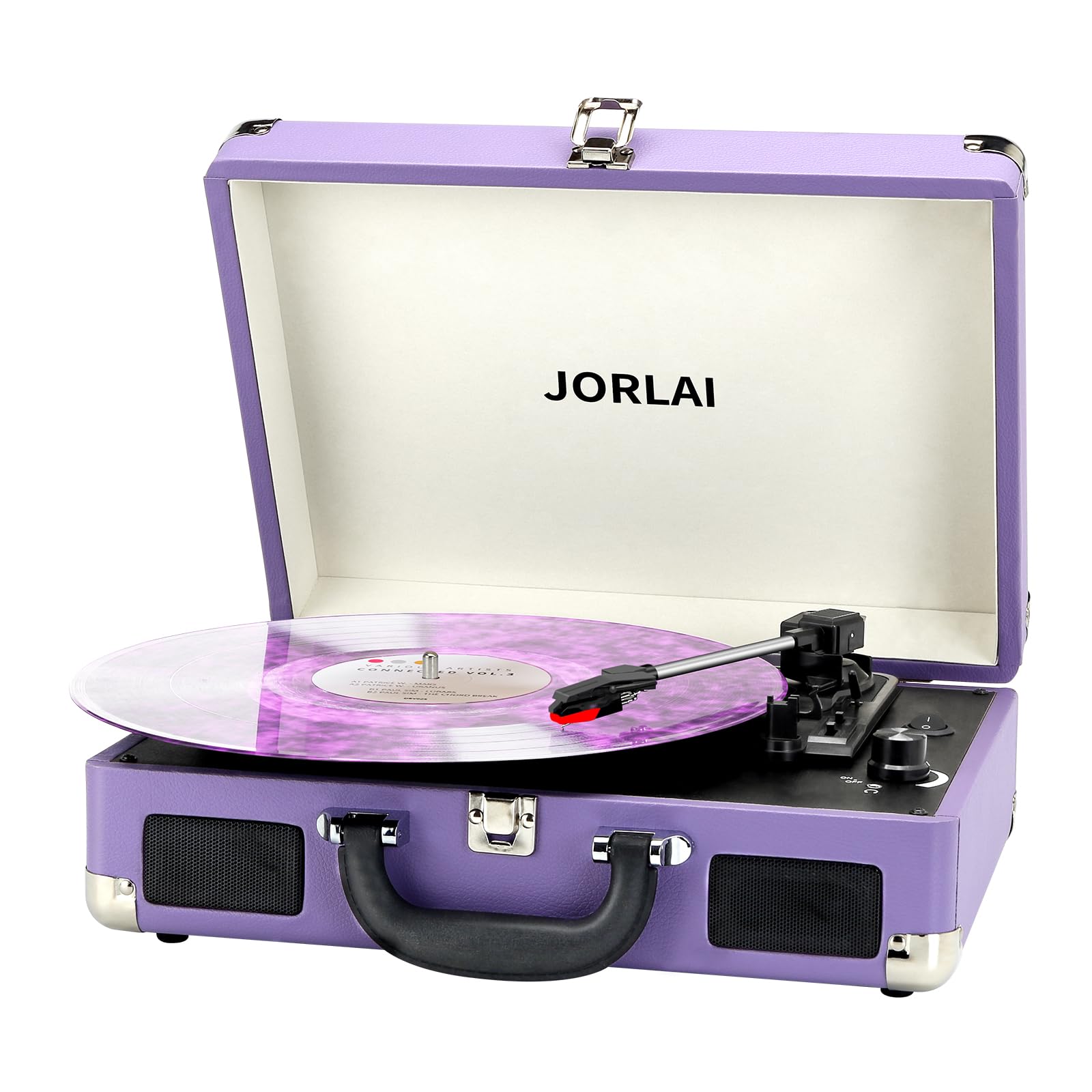 Photo 1 of JORLAI Record Player 3 Speed Vinyl with Bluetooth Vintage Turntable Built in Battery Portable Suitcase Support Aux in RCA Line Out Headphone Jack Purple