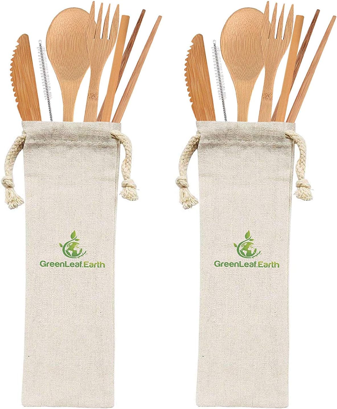 Mobi Lock Green Leaf Cutlery Bamboo Set (Pack of 2) – Reusable Utensils for Travel with Storage Bag – Fork, Knife, Spoon, Chopsticks, Straw, and Straw Cleaner – Save The Planet Today