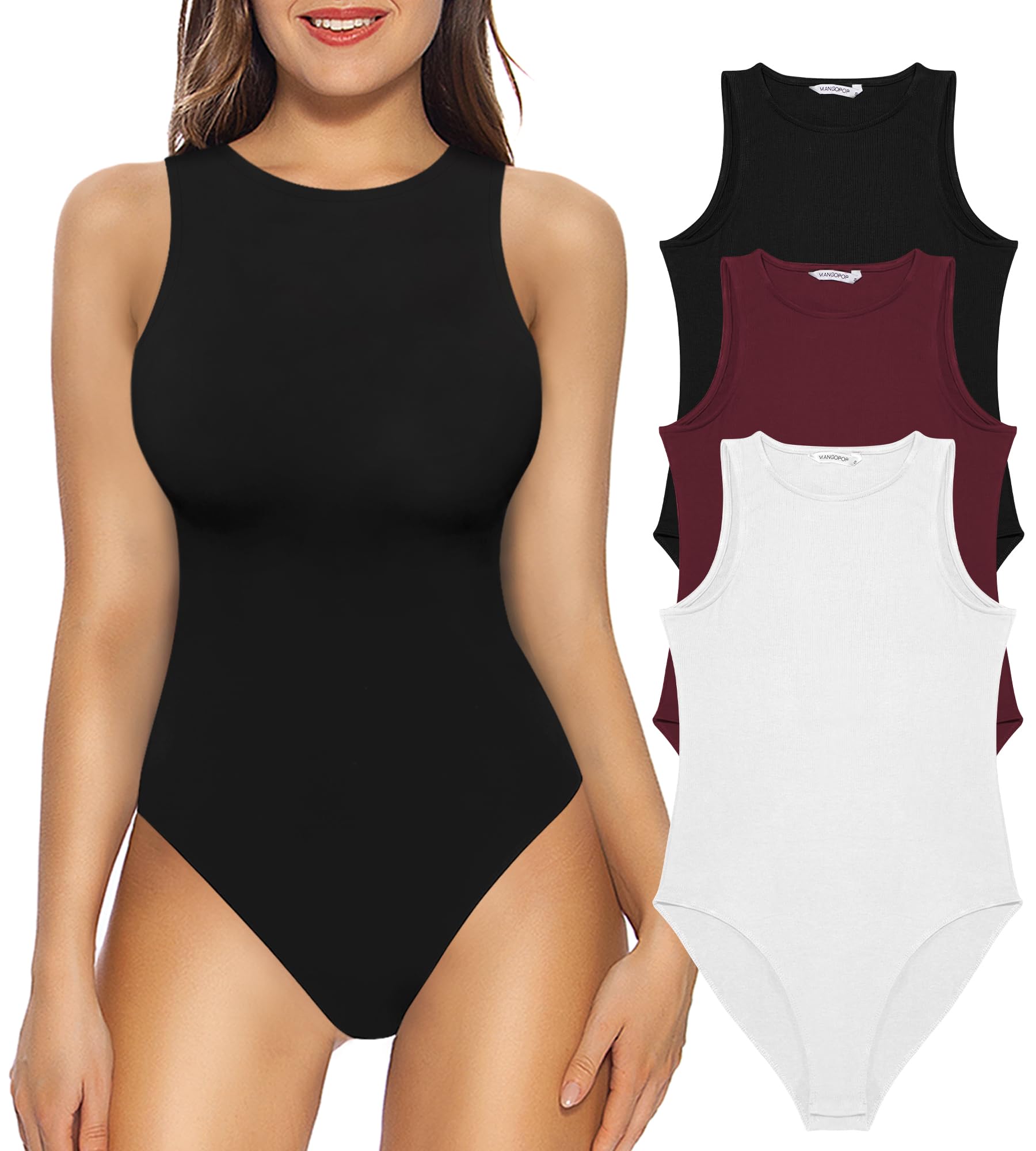 Photo 1 of MANGOPOP Womens 3 Pack Tank Top Body Suits Sexy Crew Neck Racerback Halter Ribbed Sleeveless Bodysuit for Women