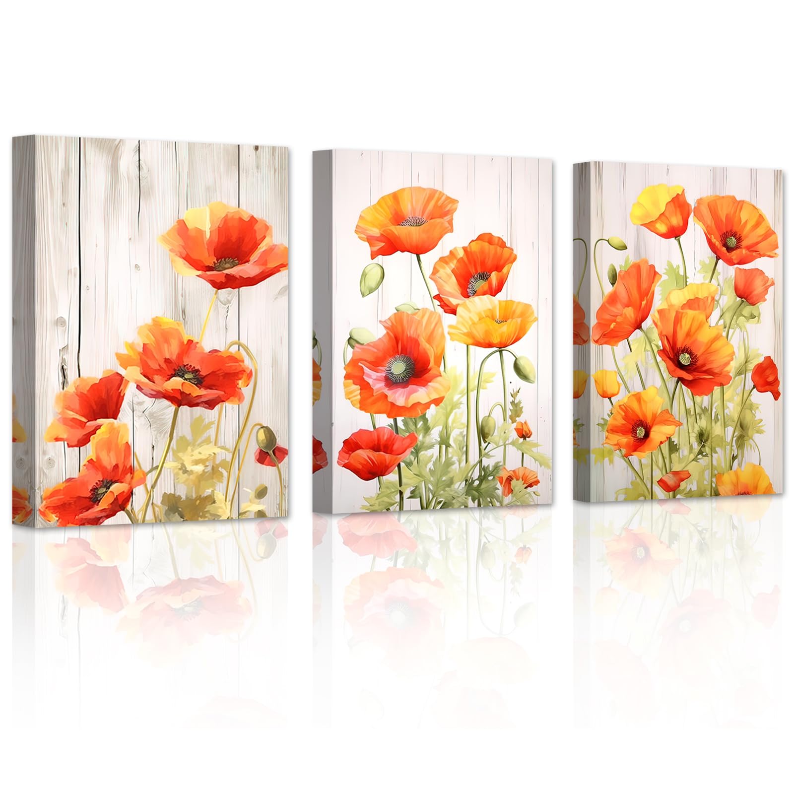 LZIMU Elegant Poppies Canvas Wall Art 3 Pieces Orange Poppy Flower Blossom Picture Prints Rustic Wood Background Artwork for Bathroom Office Kitchen Decor Framed (Poppy-1, 12.00"x16.00"x3)