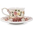 FORLONG Ceramic Coffee Mug and Saucer Set for Women, Vitorian Hand-painted Rose Flower Tea Cup - 3oz(Red)