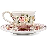 FORLONG Ceramic Coffee Mug and Saucer Set for Women, Vitorian Hand-painted Rose Flower Tea Cup - 3oz(Red)