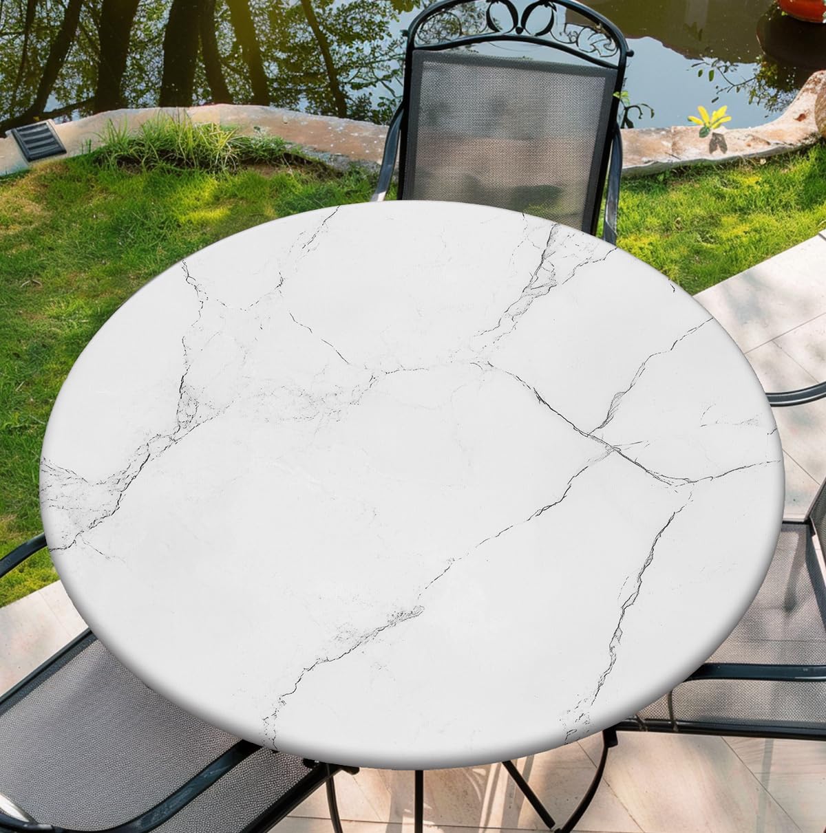 Photo 1 of COTAIL Round Tablecloth with Elastic Edge, 36-60Inch Waterproof Table Cloth for Dinner, Outdoor, Picnic, 44inch, White Marble
