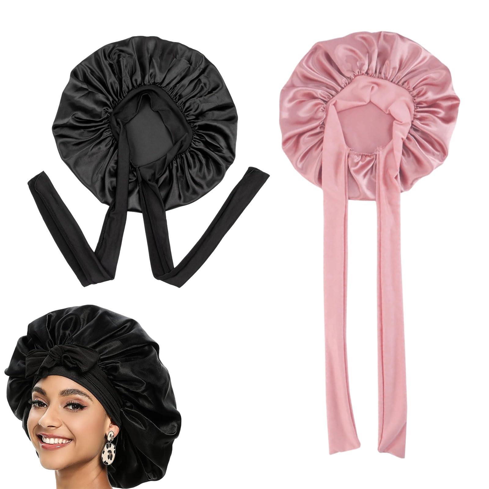 2Pcs Satin Bonnet Wrap for Sleeping, Tie Band for Women Long Curly Hair, Perfect for Washing, Makeup, Sport