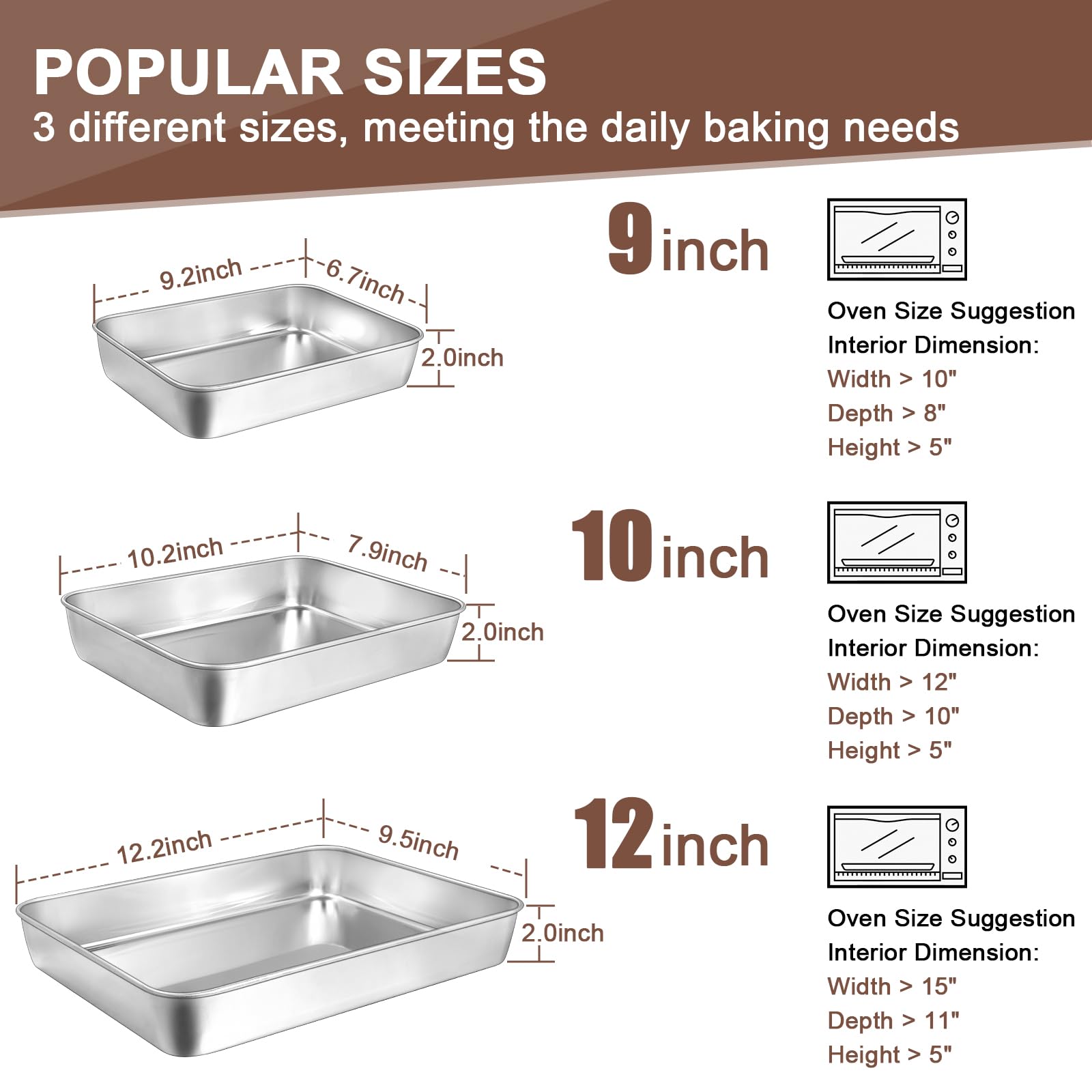 Baking Pans Set of 3, Commercial Grade Stainless Steel Cookie Pan for Baking, 12/10/9 Inch, Rectangle Bakeware Set for Cakes Breads Lasagna Casseroles, Rust & Warp Resistant & Nonstick, Heavy Duty