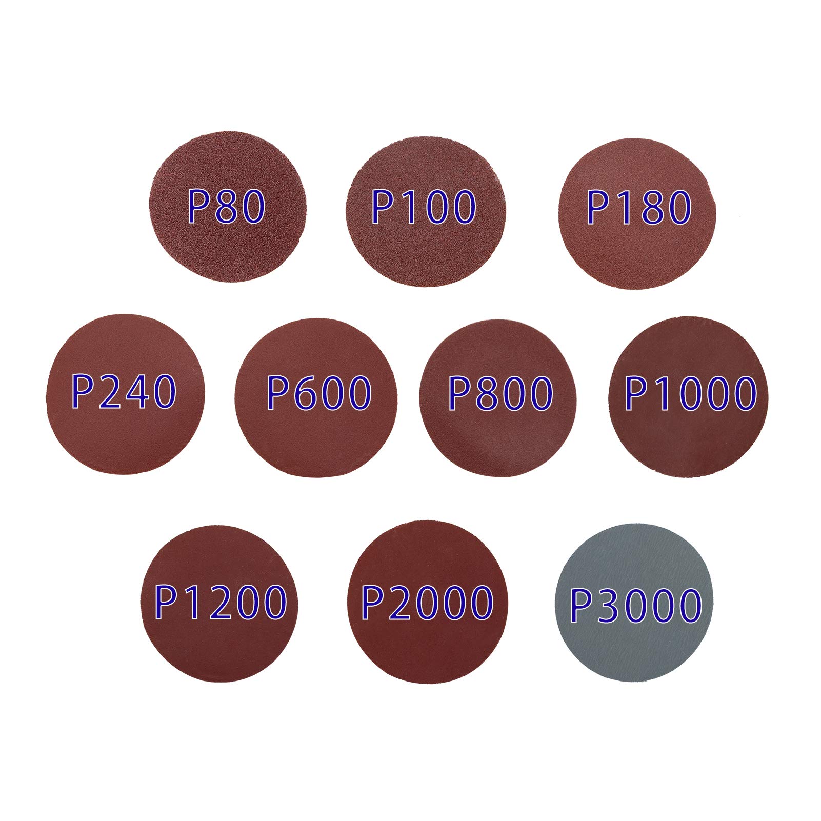 100 Pcs 50mm Sanding Discs WCIC Hook and Loop Sandpaper Pads 80 100 180 240 600 800 1000 1200 2000 3000 Assorted Grits