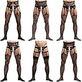 Newcotte Men's Sissy Pantyhose Black Sexy Lingerie Lace Fishnet Thigh High Stocking with Suspender for Man Cross-dresser