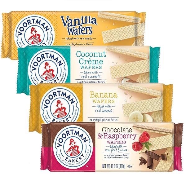 VOORTMAN BAKERY WAFERS VARIETY | VANILLA, BANANA, COCONUT CREME, CHOCOLATE AND RASPBERRY | 4 PACK