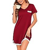 Ekouaer Women's Nightgown Sleepwear Soft Sleepshirt Short Sleeve Lace Trim Nightshirt Sexy Pajama Dress